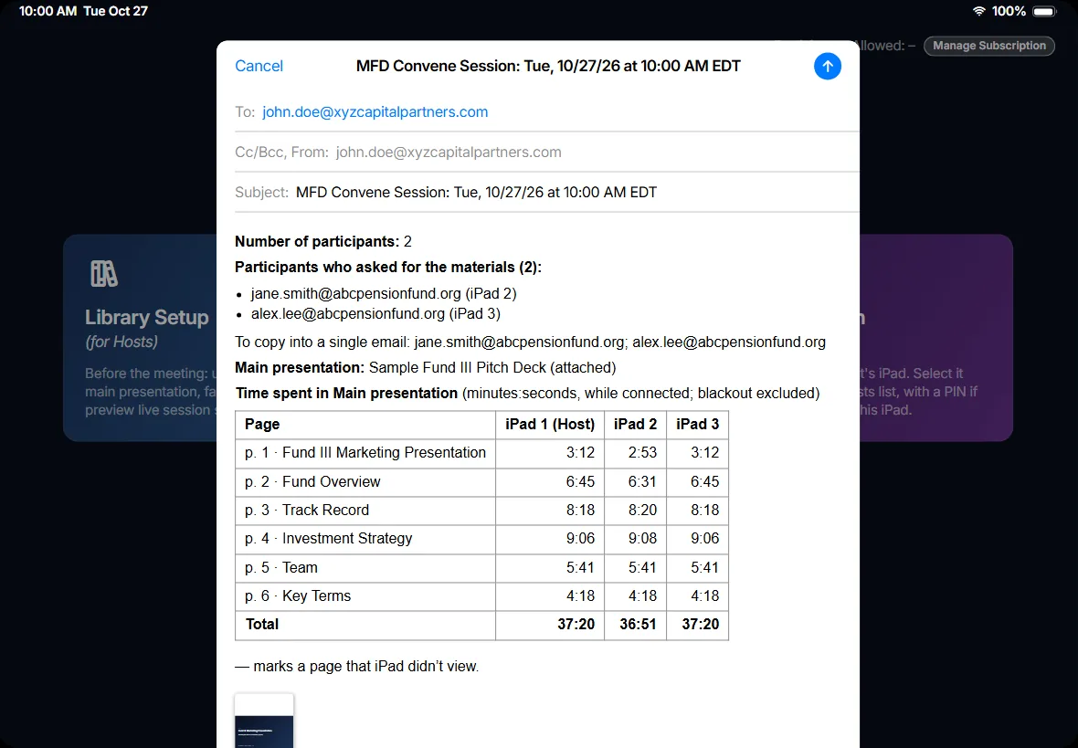 The Session Summary email in Mail on the Host iPad
